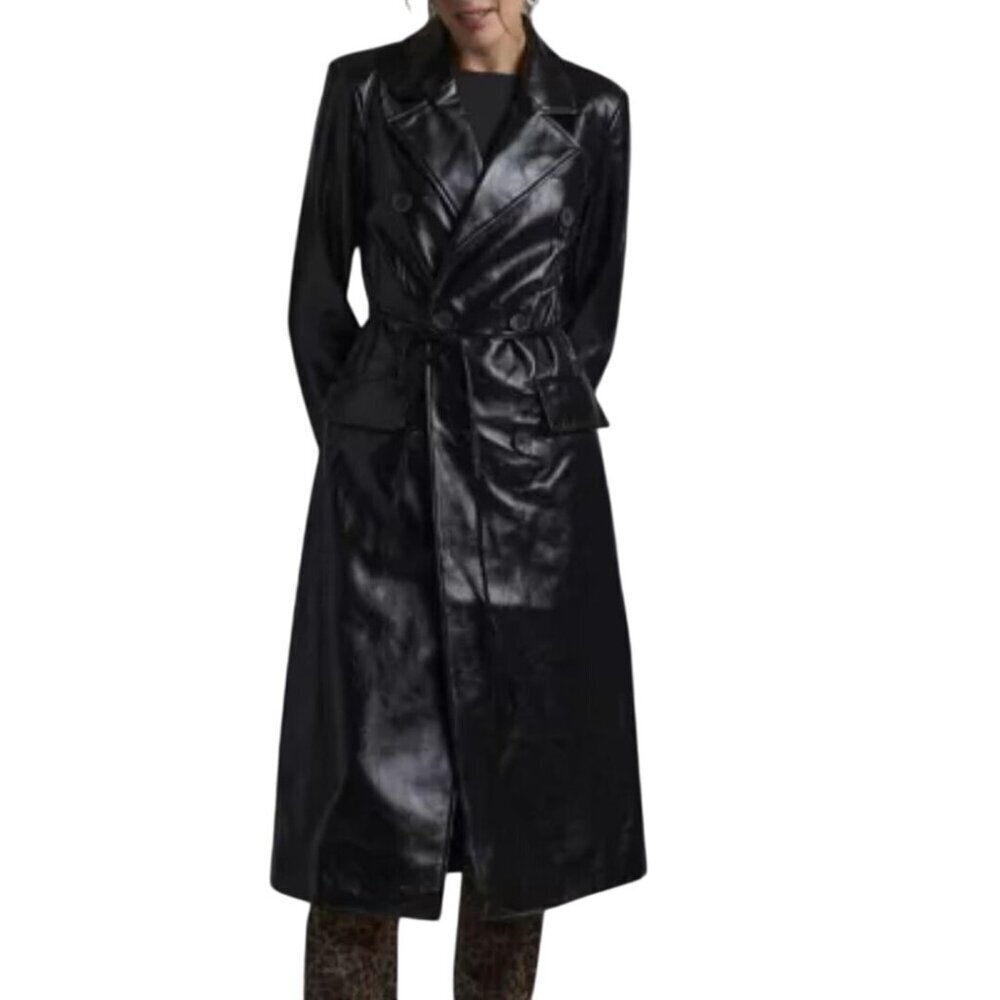 Avec Les Filles Black Faux Leather Double-Breasted Belted Trench Coat Size L - Picture 8 of 12